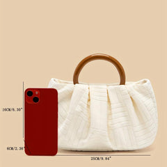 Pleated Handbag Jacquard Fabric Wooden Handheld Bag