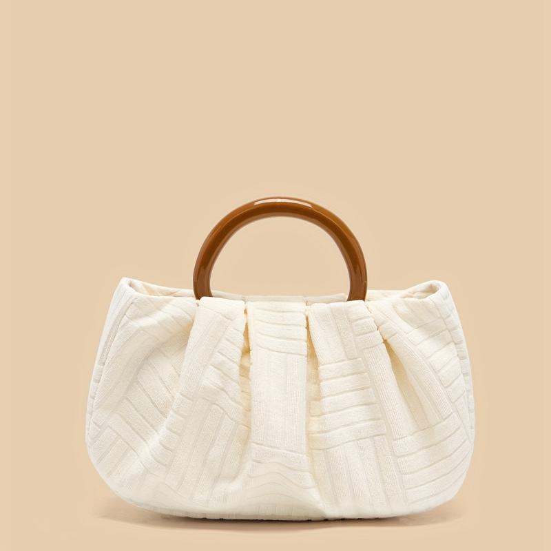 Pleated Handbag Jacquard Fabric Wooden Handheld Bag