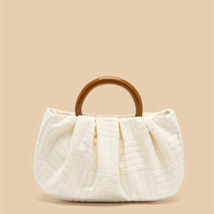 Pleated Handbag Jacquard Fabric Wooden Handheld Bag