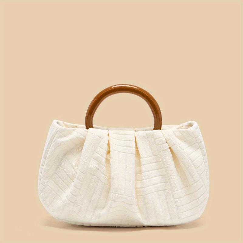 Pleated Handbag Jacquard Fabric Wooden Handheld Bag