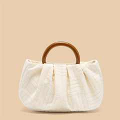 Pleated Handbag Jacquard Fabric Wooden Handheld Bag