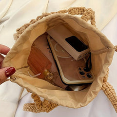 Stylish Straw Hollow Satchel Bag Drawstring Handbag