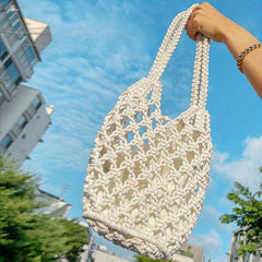 Stylish Straw Hollow Satchel Bag Drawstring Handbag