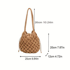 Stylish Straw Hollow Satchel Bag Drawstring Handbag