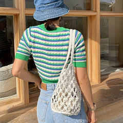 Stylish Straw Hollow Satchel Bag Drawstring Handbag