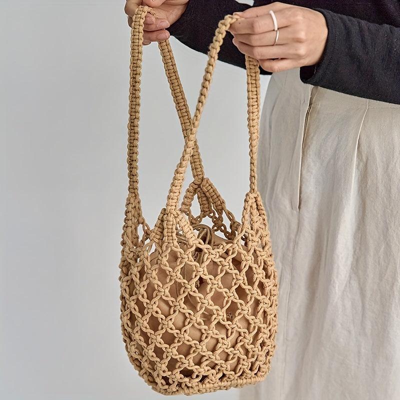 Stylish Straw Hollow Satchel Bag Drawstring Handbag