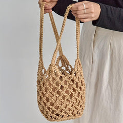 Stylish Straw Hollow Satchel Bag Drawstring Handbag