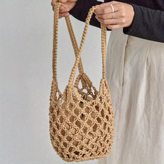 Stylish Straw Hollow Satchel Bag Drawstring Handbag