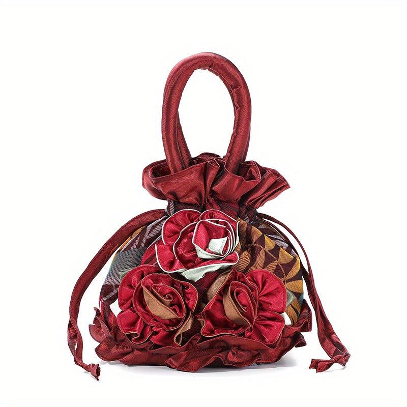 Floral Decor Drawstring Handbag Evening Phone Bucket Bag