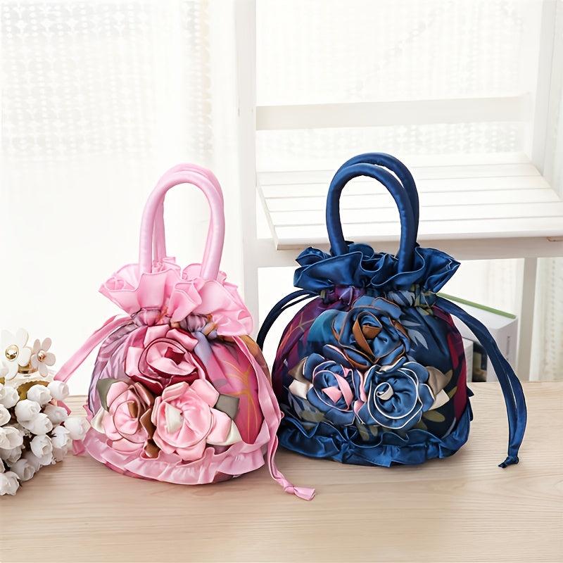 Floral Decor Drawstring Handbag Evening Phone Bucket Bag
