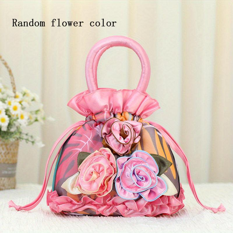 Floral Decor Drawstring Handbag Evening Phone Bucket Bag
