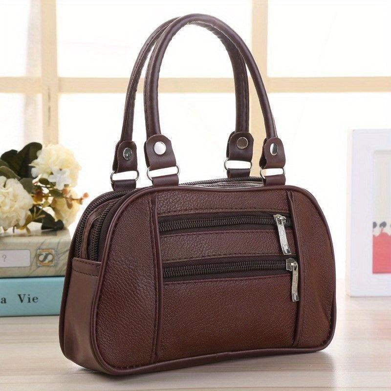 Vintage Solid Boston Handbag Zipper Satchel Bag For Work
