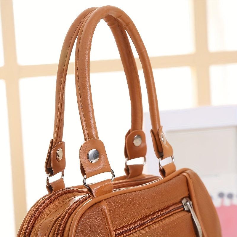 Vintage Solid Boston Handbag Zipper Satchel Bag For Work