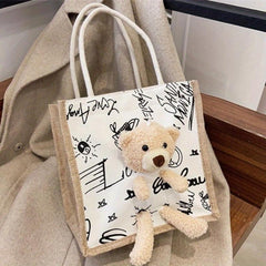 Plush Bear Doll Tote Bag - Cartoon Pattern Handbag