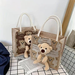 Plush Bear Doll Tote Bag - Cartoon Pattern Handbag