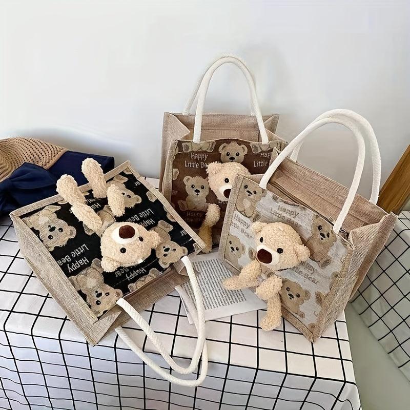Plush Bear Doll Tote Bag - Cartoon Pattern Handbag