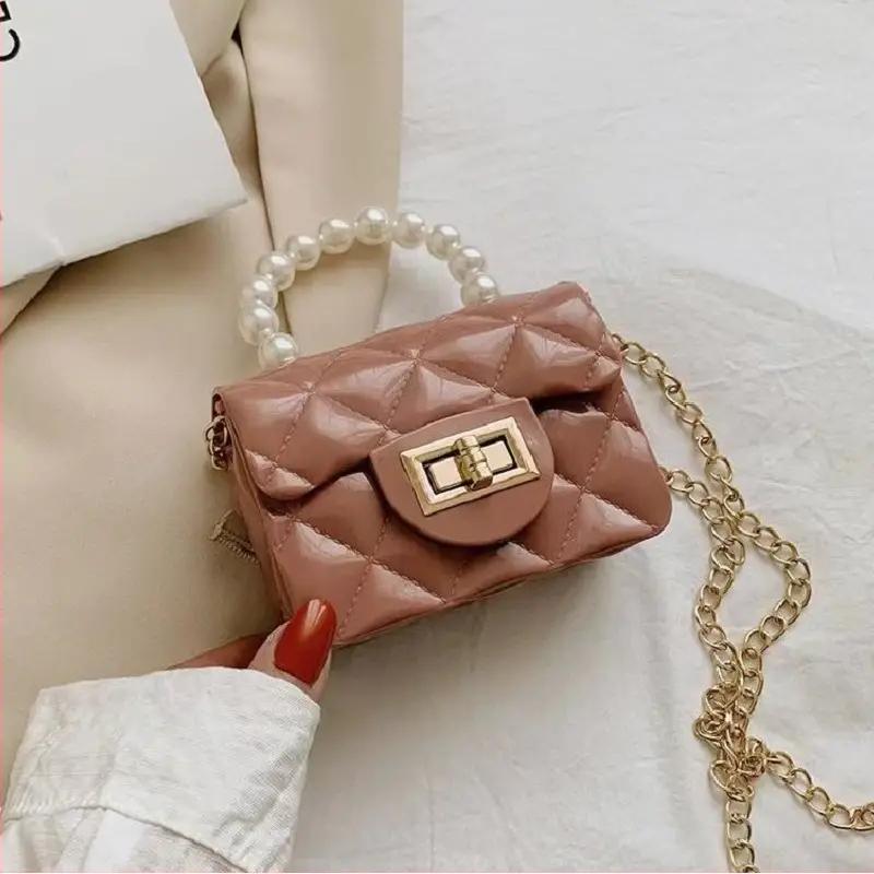Rhombus Pattern Shoulder Bag with Faux Pearl Chain Crossbody