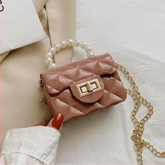 Rhombus Pattern Shoulder Bag with Faux Pearl Chain Crossbody