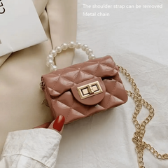 Rhombus Pattern Shoulder Bag with Faux Pearl Chain Crossbody