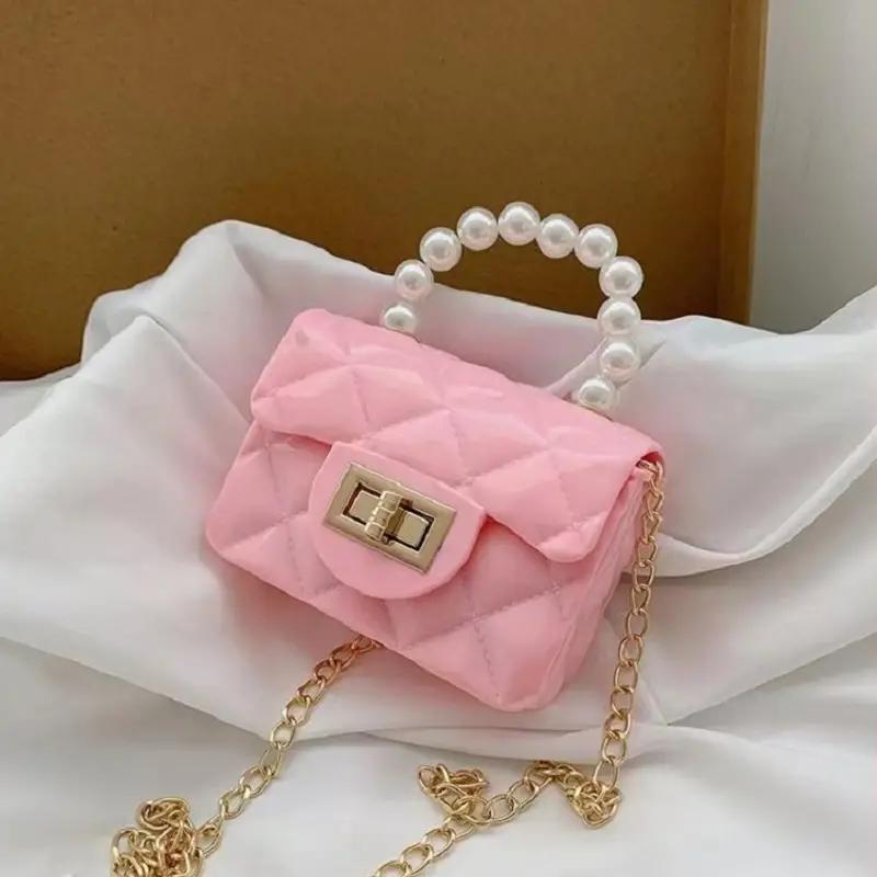 Rhombus Pattern Shoulder Bag with Faux Pearl Chain Crossbody