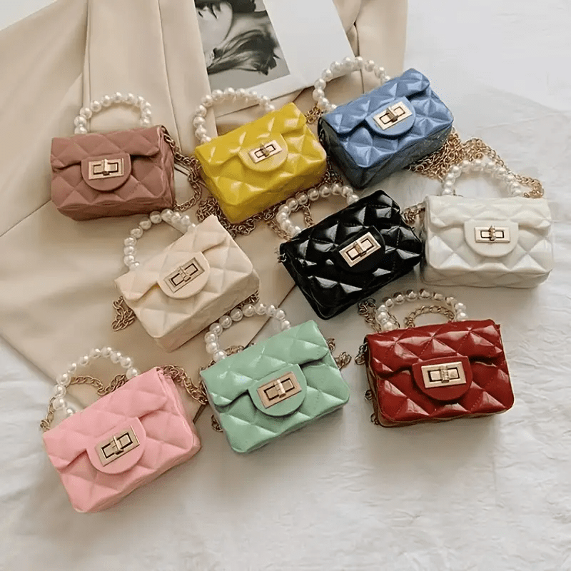 Rhombus Pattern Shoulder Bag with Faux Pearl Chain Crossbody