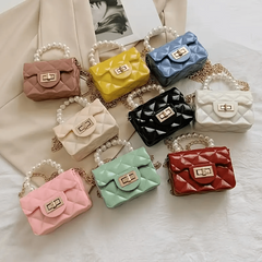 Rhombus Pattern Shoulder Bag with Faux Pearl Chain Crossbody