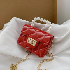 Rhombus Pattern Shoulder Bag with Faux Pearl Chain Crossbody