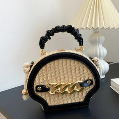 Mini Shell Straw Bag Ruched Top Handle Box Bag Crossbody Purse