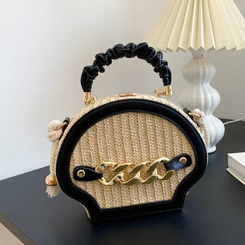 Mini Shell Straw Bag Ruched Top Handle Box Bag Crossbody Purse