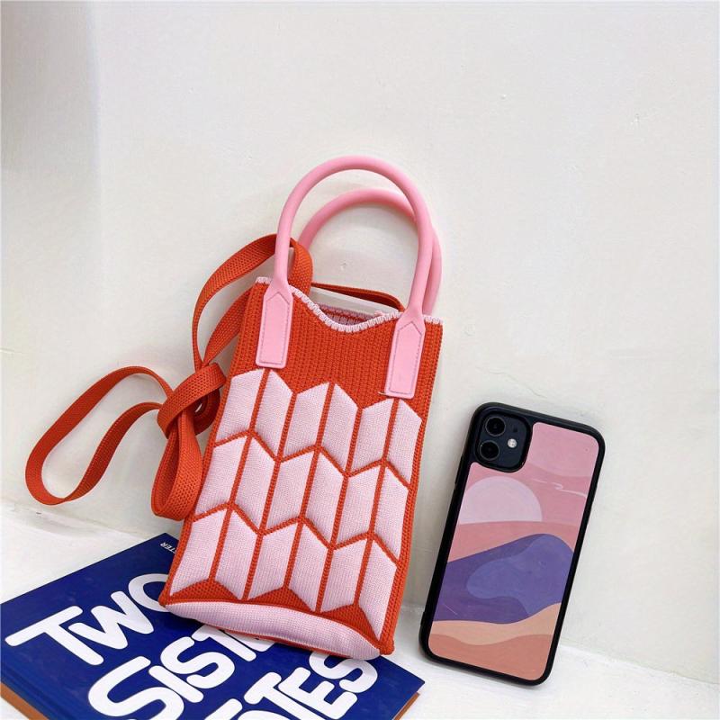 Colorblock Crossbody Phone Bag Women's Woven Handbag & Purse