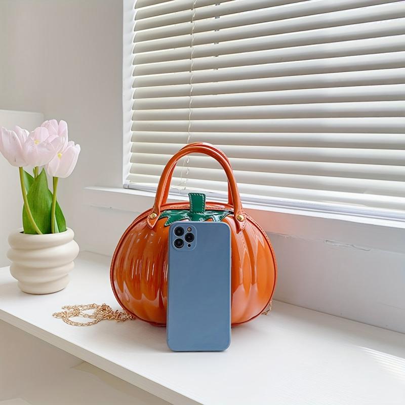 Pumpkin Shaped Metal Chain Crossbody Bag PU Leather Satchel Bag