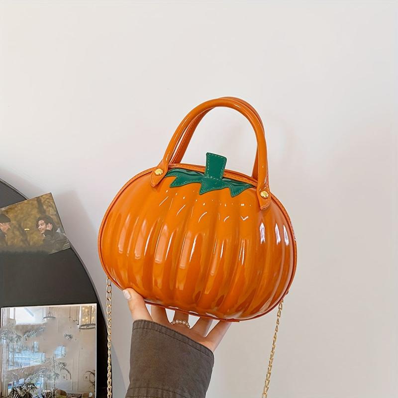 Pumpkin Shaped Metal Chain Crossbody Bag PU Leather Satchel Bag