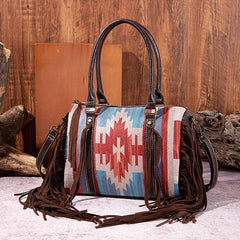 Boho Geometric Fringe Trim Handbag Zipper Crossbody Purse