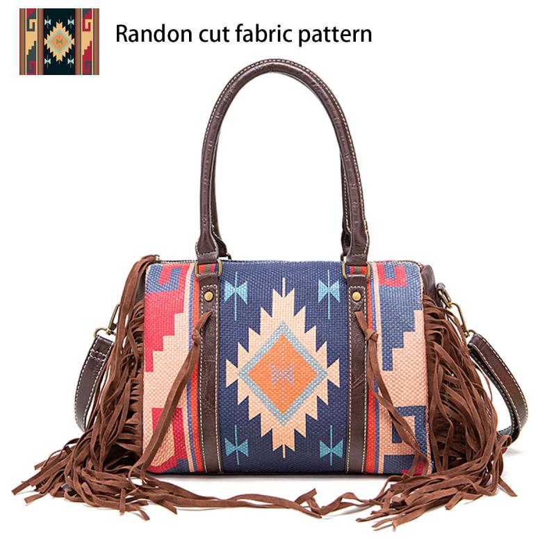 Boho Geometric Fringe Trim Handbag Zipper Crossbody Purse
