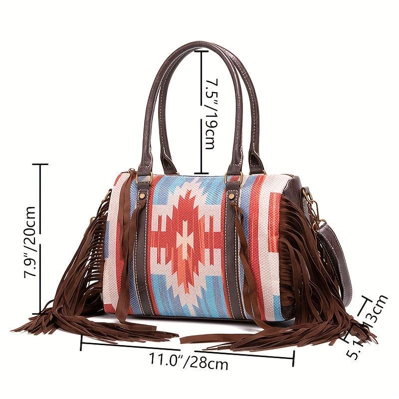 Boho Geometric Fringe Trim Handbag Zipper Crossbody Purse