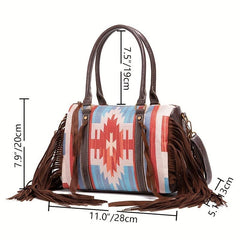 Boho Geometric Fringe Trim Handbag Zipper Crossbody Purse