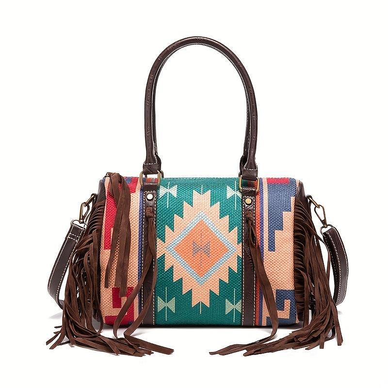 Boho Geometric Fringe Trim Handbag Zipper Crossbody Purse