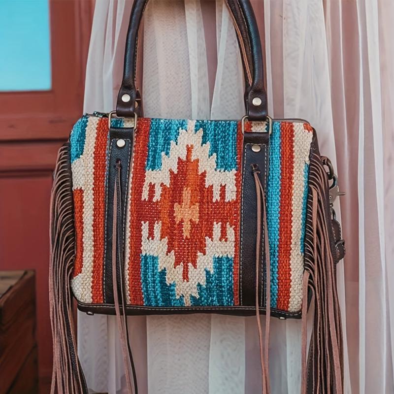 Boho Geometric Fringe Trim Handbag Zipper Crossbody Purse