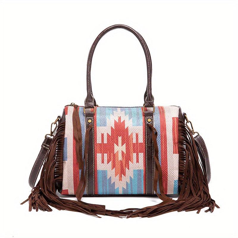 Boho Geometric Fringe Trim Handbag Zipper Crossbody Purse