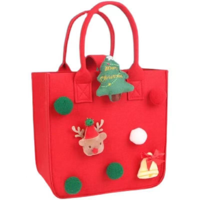 Christmas Felt Square Handbag Pom Pom Decor Tote Bag Santa Elk