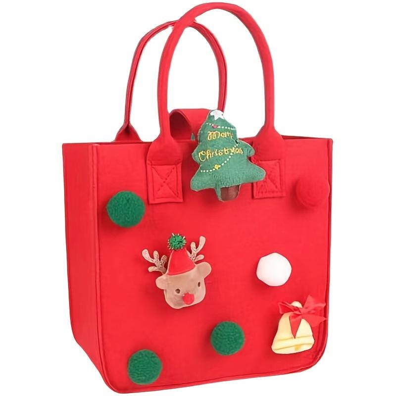 Christmas Felt Square Handbag Pom Pom Decor Tote Bag Santa Elk