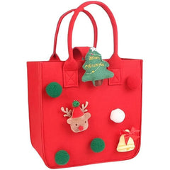 Christmas Felt Square Handbag Pom Pom Decor Tote Bag Santa Elk