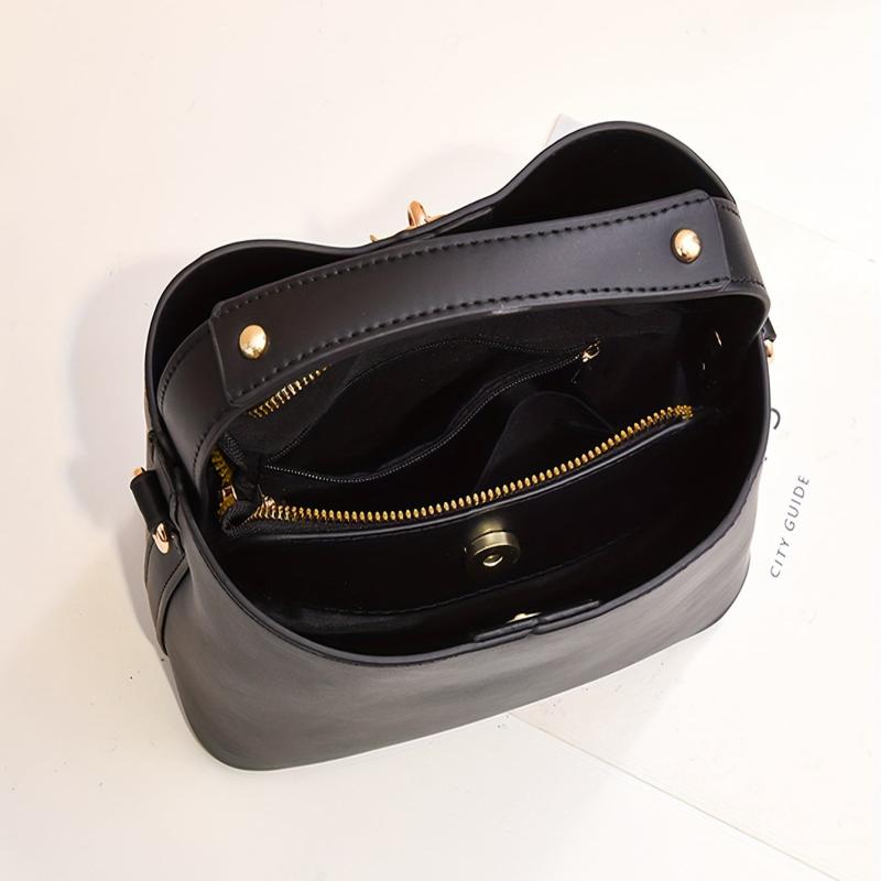 Wide Strap Bucket Crossbody Bag PU Leather Satchel Bag Purse