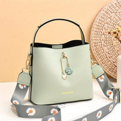 Wide Strap Bucket Crossbody Bag PU Leather Satchel Bag Purse
