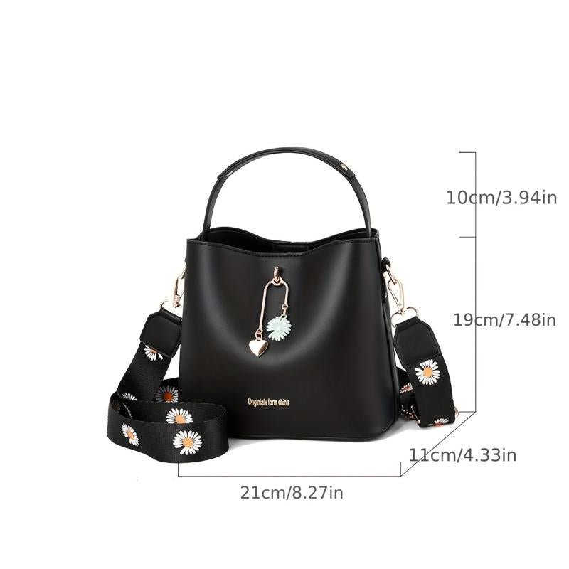 Wide Strap Bucket Crossbody Bag PU Leather Satchel Bag Purse