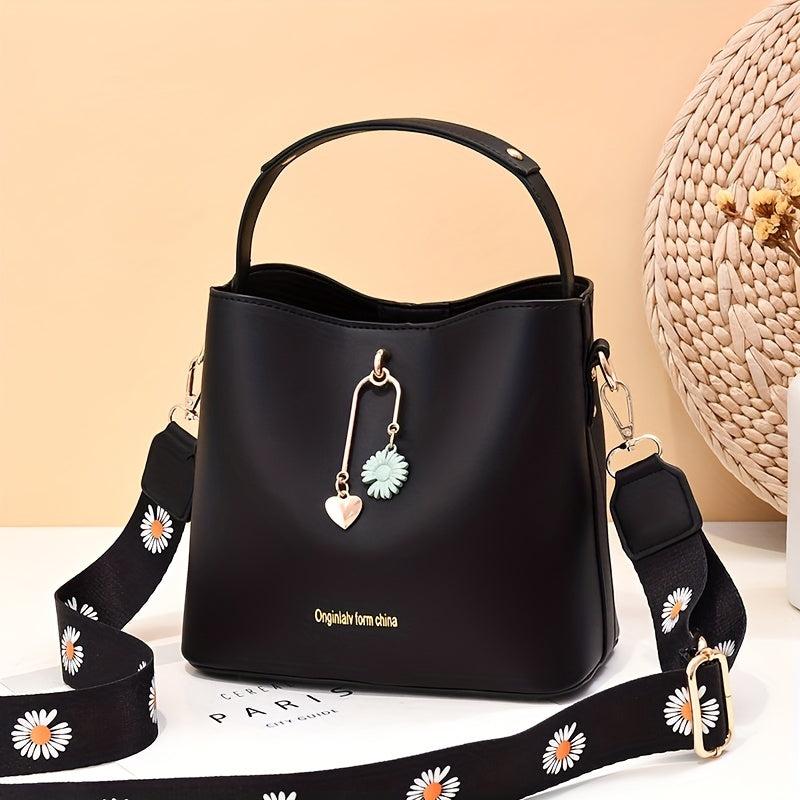 Wide Strap Bucket Crossbody Bag PU Leather Satchel Bag Purse