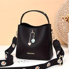 Wide Strap Bucket Crossbody Bag PU Leather Satchel Bag Purse
