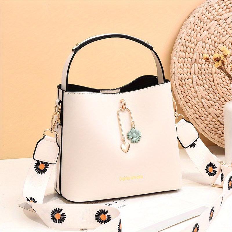 Wide Strap Bucket Crossbody Bag PU Leather Satchel Bag Purse