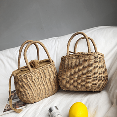 Summer Straw Woven Handbag Boho Style Drawstring Basket Travel Beach Bag