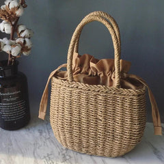 Summer Straw Woven Handbag Boho Style Drawstring Basket Travel Beach Bag